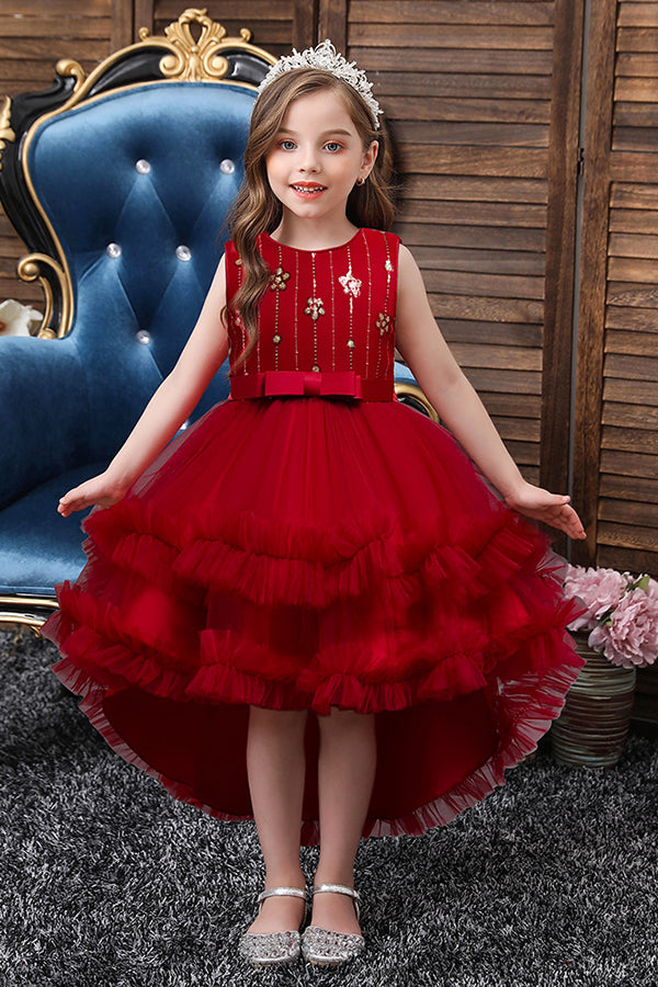 Red High Low Belt Tulle Ruffles Flower Girl Dresses-27dress