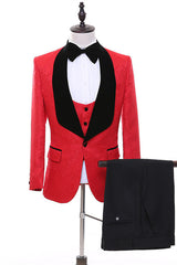 Jacquard Three Pieces Shawl Lapel Red Wedding Suits For Men
