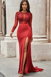 Red Jewel Long Sleeves Appliques Long Mermaid Prom Dress With Front Split