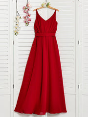 Red Long A-Line Spaghetti Strap Flower Girl Dresses Chiffon Junior Bridesmaid Dress-27dress