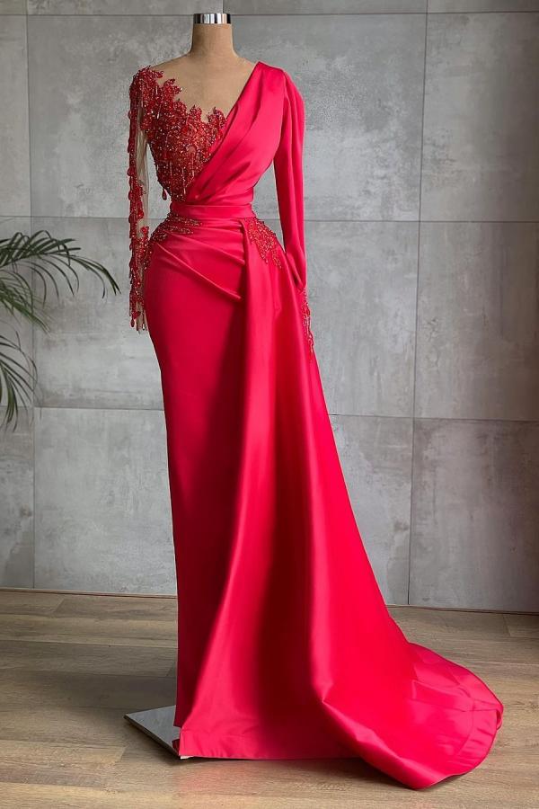 Red Long Mermaid Satin Prom Dress with Sleeves-27Dress