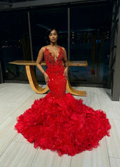 Red Long Mermaid V-Neck Beadings Formal Prom Dress with Ruffles