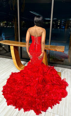Red Long Mermaid V-Neck Beadings Formal Prom Dress with Ruffles