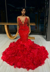 Red Long Mermaid V-Neck Beadings Formal Prom Dress with Ruffles