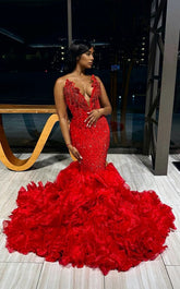 Red Long Mermaid V-Neck Beadings Formal Prom Dress with Ruffles