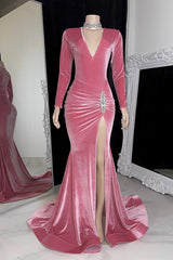 Red Long Prom Dress Long Sleeves Simple With High Split Pleated