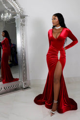 Red Long Prom Dress Long Sleeves Simple With High Split Pleated
