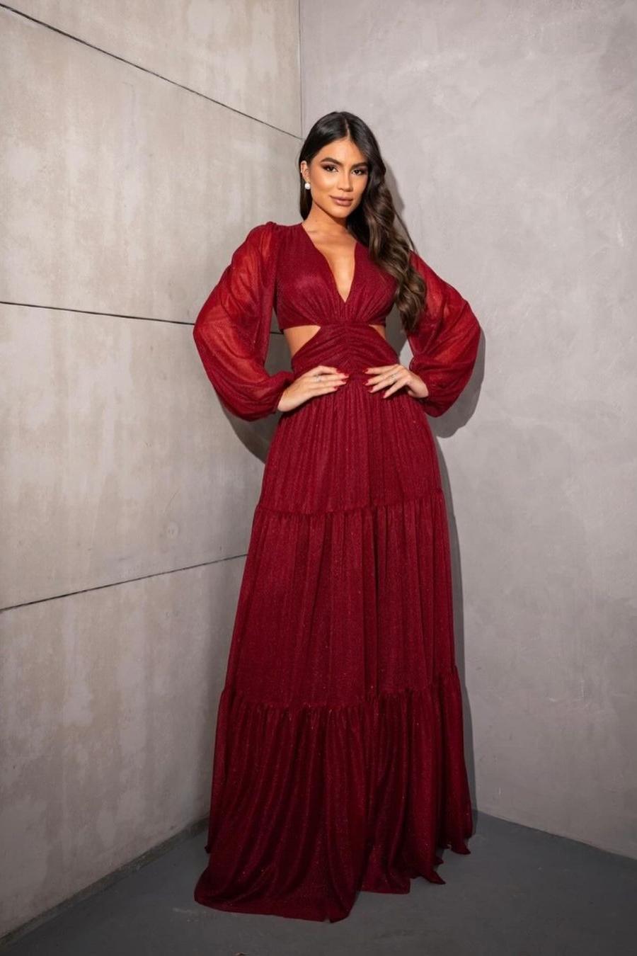 Red Long Sleeves V Neck Long Ruffles Prom Dress With Sequins