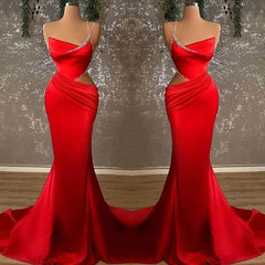 One-Shoulder Spaghetti-Strap Red Slim Mermaid Prom Dress