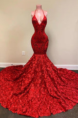 Red Mermaid Spaghetti Straps V-neck Open Back Long Prom Dress-27dress