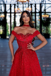 27RESS Red Off-the-Shoulder Mermaid Evening Dresses with Beaded