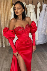 Red Off The Shoulder Mermaid Split Prom Dress Sweetheart With Diamond Appliques