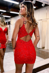 Red Plunging V Neck Appliques Tight Cut-Out Homecoming Dress