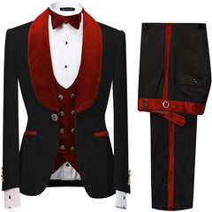 Shawl Lapel Three Pieces Slim Fit Velvet Red Wedding Suits