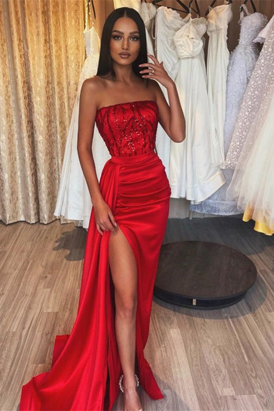 Red Sleeveless Mermaid Split Prom Dress Strapless With Appliques