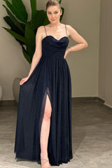Red Spaghetti Strap Sleeveless A Line Split Long Prom Dress With Sequins