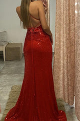 Red Spaghetti Strap Sleeveless Backless Split Prom Dress With Sequins