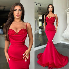 Red Spaghetti-Straps Long Mermaid Prom Dress
