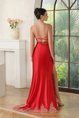 Red Spaghetti Straps V-neck Sheath Long Prom Dress with Slit-27dress