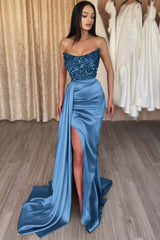 Red Strapless Elegant Sleeveless Long Sequins Prom Dress Mermaid Side Split