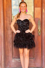 Red Strapless Sequins Feathers A-line Homecoming Dress
