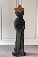 Red Sweetheart Sleeveless Long Mermaid Sequins Prom Dress With High Split