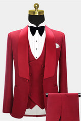 Red Three Pieces Fashion Shawl Lapel Wedding Grooms Suits