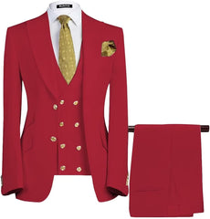 Three Pieces Peaked Lapel Red Prom Suits For Men