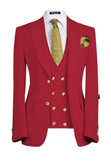 Three Pieces Peaked Lapel Red Prom Suits For Men