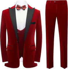 Red Three Pieces Velvet Men Suits For Prom