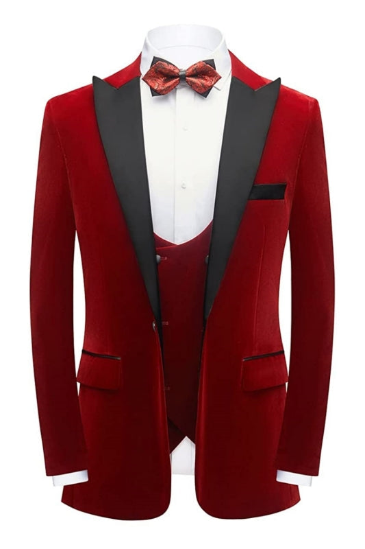 Red Three Pieces Velvet Men Suits For Prom