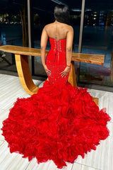 Red V-Neck Mermaid Long Sequined Prom Dress with Ruffles-27dress