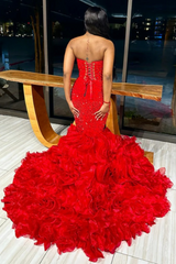 Red V-Neck Mermaid Long Sequined Prom Dress with Ruffles-27dress