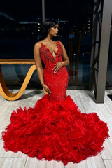 Red V-Neck Mermaid Long Sequined Prom Dress with Ruffles-27dress