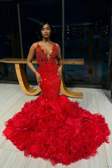 Red V-Neck Mermaid Long Sequined Prom Dress with Ruffles-27dress