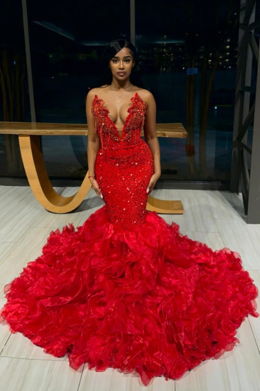 Red V-Neck Mermaid Long Sequined Prom Dress with Ruffles-27dress