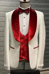 Velvet Shawl Lapel Three Pieces Jacquard Red Wedding Suits