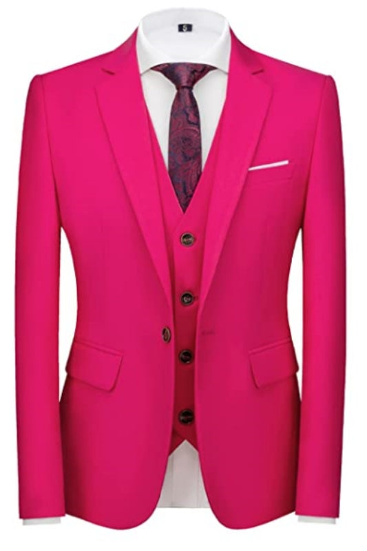 Rose Red Notched Lapel Slim Fit Three Pieces Men Suits For Prom