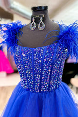 Royal Blue A-line Scoop Neck Rhinestone Long Prom Dress with Feathers