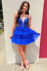 Royal Blue Beaded Lace Corset Ruffle Tulle Homecoming Dress