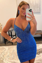 Royal Blue Beaded Lace-Up Deep V Neck Sheath Homecoming Dress