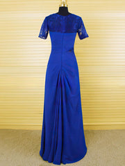 Royal Blue Chiffon Lace Crystal Ruffles Short Sleeve Scoop Neck Mother of the Bride Dress