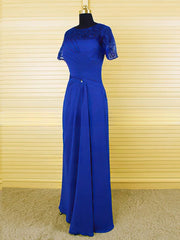 Royal Blue Chiffon Lace Crystal Ruffles Short Sleeve Scoop Neck Mother of the Bride Dress
