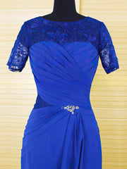 Royal Blue Chiffon Lace Crystal Ruffles Short Sleeve Scoop Neck Mother of the Bride Dress