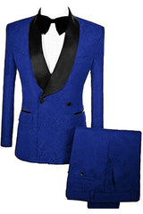 Royal Double Breasted Jacquard Close Fitting Blue Wedding Suits With Velvet Lapel