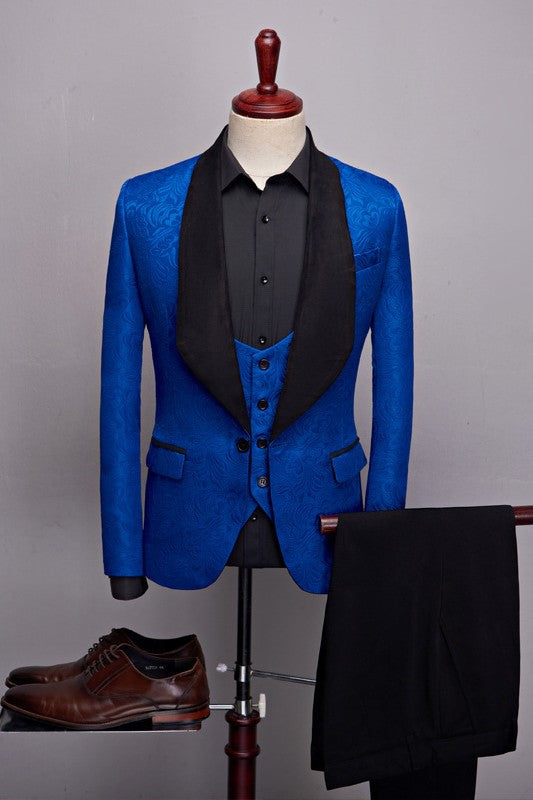 Royal Jacquard One Button Three Pieces Blue Wedding Suits with Black Shawl Lapel