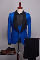 Royal Jacquard One Button Three Pieces Blue Wedding Suits with Black Shawl Lapel