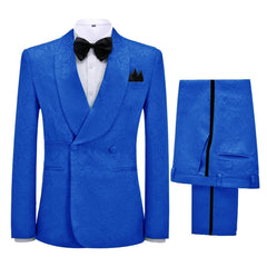 Royal Jacquard Shawl Lapel Double Breasted Blue Prom Suits