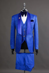 Royal Jacquard Shawl Lapel Three Pieces Bespoke Blue Wedding Suits