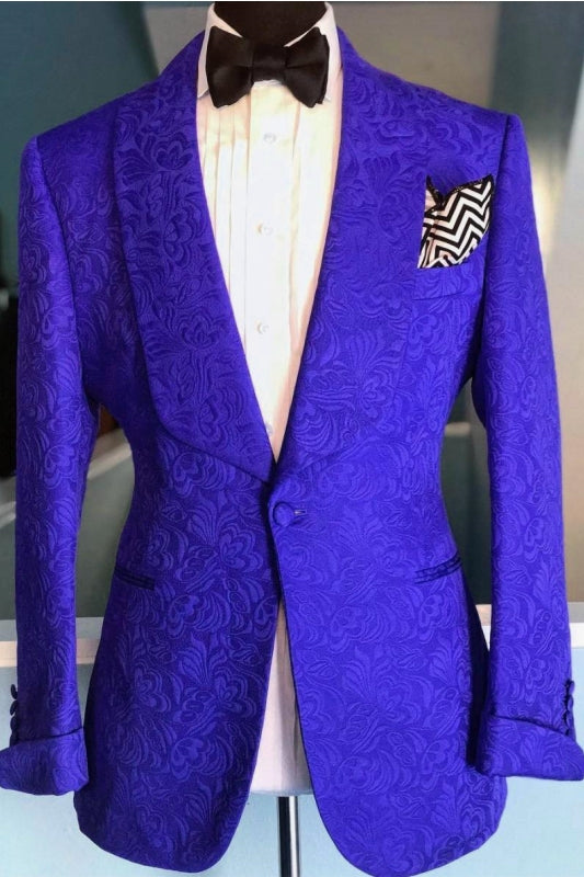 Royal Jacquard Shawl Lapel Two Pieces Blue Prom Suits